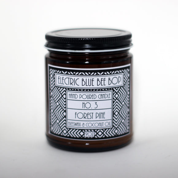 forest pine scented beeswax candle with art deco label in black and white