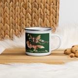 Fox and Fairy enamel cup green forest background handle on right view
