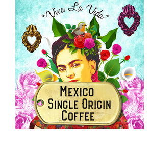Mexico Single origin coffee pictured with Frida Kahlo in traditional dress