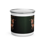 Midnight fairy enamel coffee cup fairy riding deer holding an owl with cresent moon in the background front view