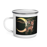 Midnight fairy enamel coffee cup fairy riding deer holding an owl with cresent moon in the background handle on left