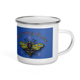 morning buzz enamel coffee cup multi colored stained glass bee on blue background habdle on right