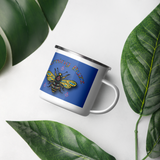 morning buzz enamel coffee cup multi colored stained glass bee on blue background