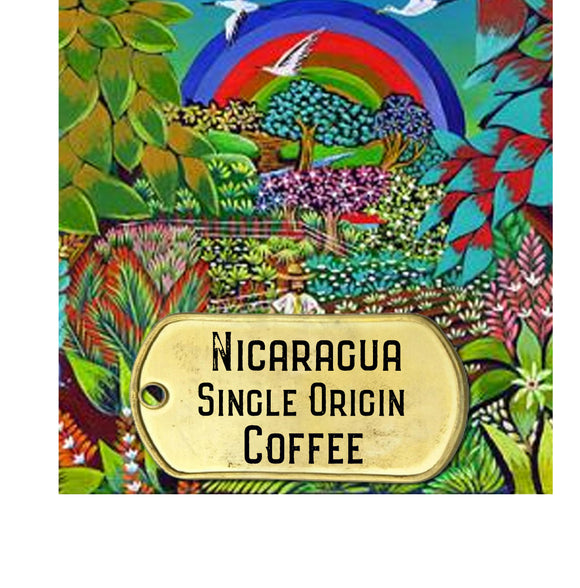 Nicaragua single origin coffee with painting by a local artist of coffee and a garden