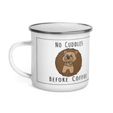 no cuddles before coffee enamel mug with grumpy morning teddy bear graphic handle on left