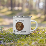 no cuddles before coffee enamel mug with grumpy morning teddy bear graphic handle on right