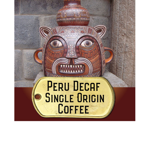 peru decaf coffee shown with painted pottery