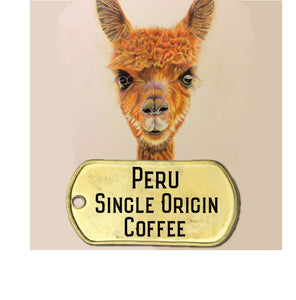 Peru single origin coffee with bacckground picture of alpaca
