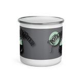 potions master enamel coffee mug black cauldron with green potion bubbles and green moon on gray background front view