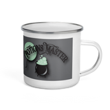 potions master enamel coffee mug black cauldron with green potion bubbles and green moon on gray background handle on right view