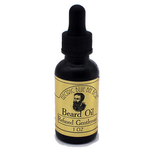 refined gentleman beard oil in 1 ouncce black bottle scented with tobacco bourbon and sandalwood