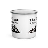 The great outdoors enamel coffee cup with mountian graphic on white background front view