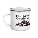The great outdoors enamel coffee cup with mountian graphic on white background handle on left