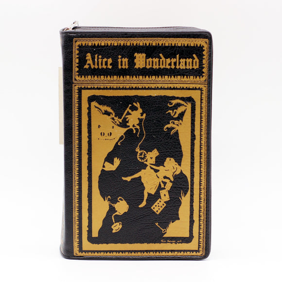 alice in wonderland falling down the rabbit hold black and gold cclutcch handbag that looks like a vintage book