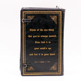 black and gold pleather clutch handbag beauty and the beast back view with quote