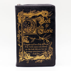 book of Fairy handbag black vegan leather with gold graphics and lettering. Looks like a vintage book