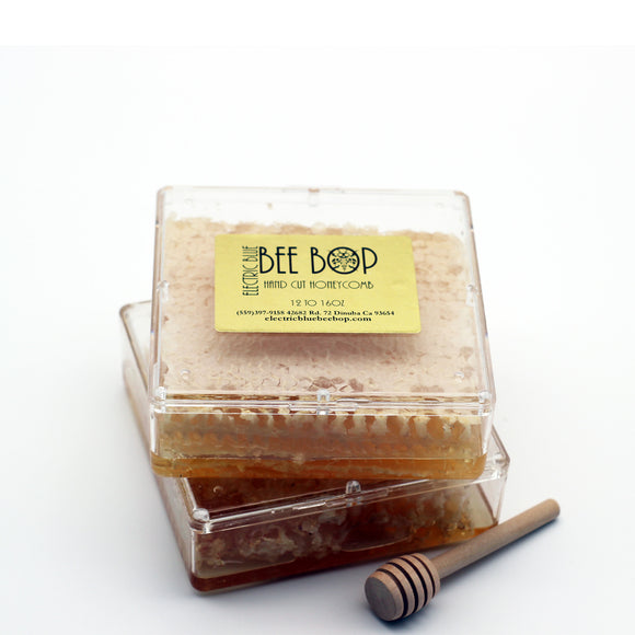 raw hand cut honeycomb in a clear container
