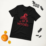 drink up witches black tshirt with red lettering spider witch hat and bubbling cocktail glass