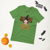 Boo Gnome will never ghost you green halloween tshirt with gnome and orange trick or treat lettering
