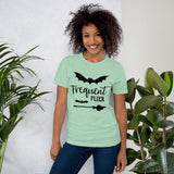 frequent flier aqua tshirt with black lettering two bats and a broomstick