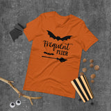 frequent flier orange tshirt with black lettering two bats and a broomstick