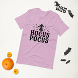 hocus pocus lilac tshirt with black lettering and outline of a witch