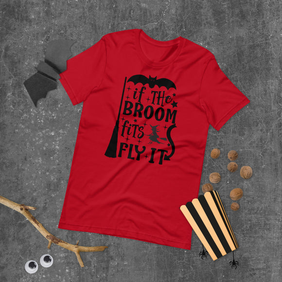 if the broom fits fly it black lettering on red tshirt for hallowwen with broom witch and flying bat