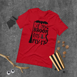 if the broom fits fly it black lettering on red tshirt for hallowwen with broom witch and flying bat