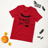 frequent flier red tshirt with black lettering two bats and a broomstick