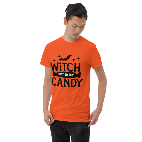 witch way to the candy black lettering on orange tshirt for halloween