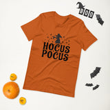 hocus pocus orange tshirt with black lettering and outline of a witch