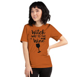 witch way to the wine black lettering on orange tshirt for halloween