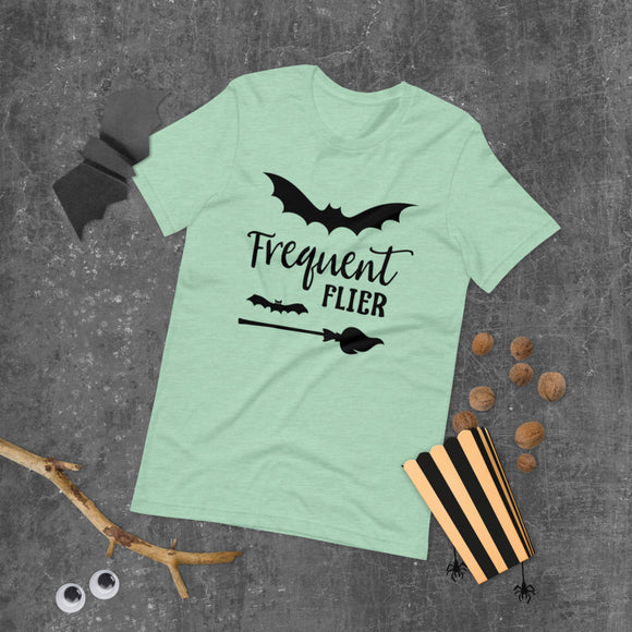 frequent flier aqua tshirt with black lettering two bats and a broomstick