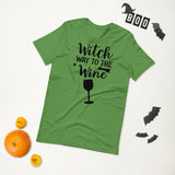 witch way to the wine black lettering on green tshirt for halloween