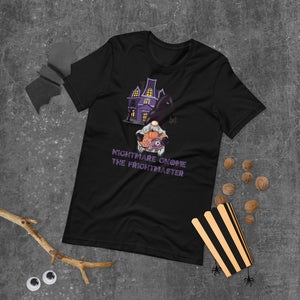 Nightmare gnome the frightmaster green tshirts with purple haunted house purple halloween lettering and gnome holding scary creatures