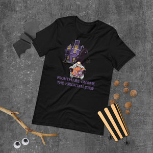 Nightmare gnome the frightmaster green tshirts with purple haunted house purple halloween lettering and gnome holding scary creatures