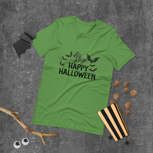 happy halloween orange tshirt with black lettering bats spider web and graveyard marker for Halloween