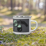 potions master enamel coffee mug black cauldron with green potion bubbles and green moon on gray background