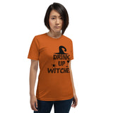drink up witches orange tshirt with black lettering with witch hat spider and bubbling cocktail glass