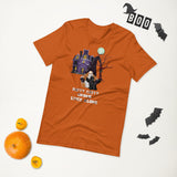 batty catty gnome orange tshirt with gnome in wizard hat holding cat with batwings and a haunted house