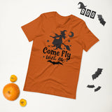 come fly with me orange tshirt with black lettering moon and witch flying on a broom