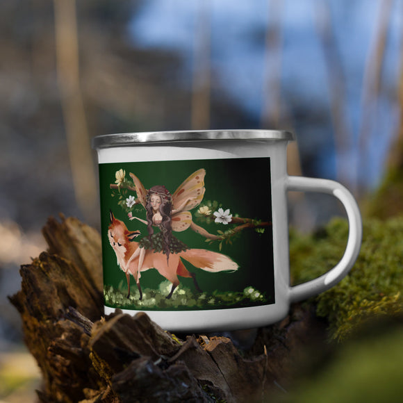 Fox and Fairy enamel cup green forest background