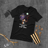 batty catty gnome black tshirt with gnome in wizard hat holding cat with batwings and a haunted house