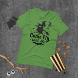 come fly with me green tshirt with black lettering moon and witch flying on a broom