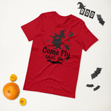 come fly with me red tshirt with black lettering moon and witch flying on a broom