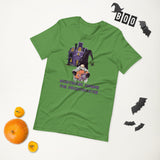 Nightmare gnome the frightmaster green tshirts with purple haunted house purple halloween lettering and gnome holding scary creatures