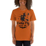 come fly with me orange tshirt with black lettering moon and witch flying on a broom