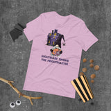 Nightmare gnome the frightmaster lilac tshirts with purple haunted house purple halloween lettering and gnome holding scary creatures