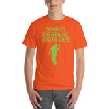 Zombies ear brains you're safe green lettering on orange tshirt for halloween