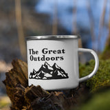 The great outdoors enamel coffee cup with mountian graphic on white background